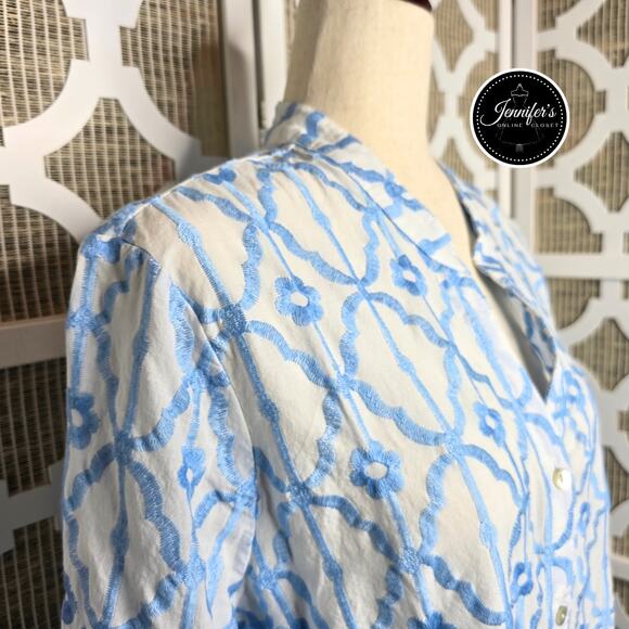 Ruby Rd. Blue & White Embroidered Trellis Pattern Button Front Blouse Size XL - Picture 3 of 14